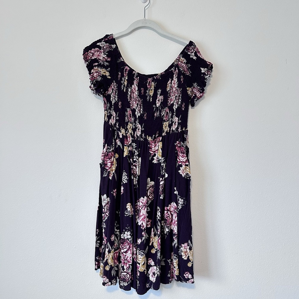 Torrid Ruffled Size 1 Smocked Dress Babydoll Plus Size Burgundy Floral Pockets
